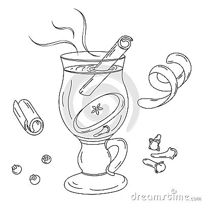 Outline drawing by hand of a glass cup with mulled wine, cinnamon stick, apple slice and cloves. EPS Vector Illustration