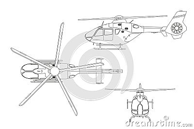 Outline drawing of helicopter on white background. Top, side, front view. Technical blueprint Vector Illustration