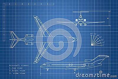 Outline drawing plane on a blue background. Top, side and front Cartoon Illustration