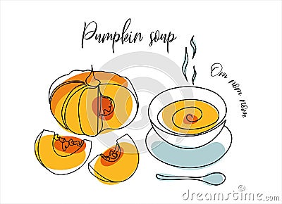 Outline drawing of pumpkin soup. Contour of a pumpkin and a bowl of soup with bright abstract elements Vector Illustration