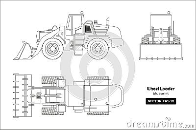 Outline drawing of wheel loader on white background. Top, side and front view. Diesel digger blueprint Vector Illustration