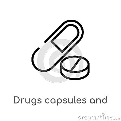 outline drugs capsules and pills vector icon. isolated black simple line element illustration from medical concept. editable Vector Illustration