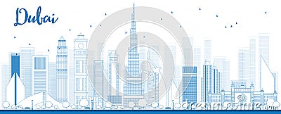 Outline Dubai City skyline with blue skyscrapers Cartoon Illustration