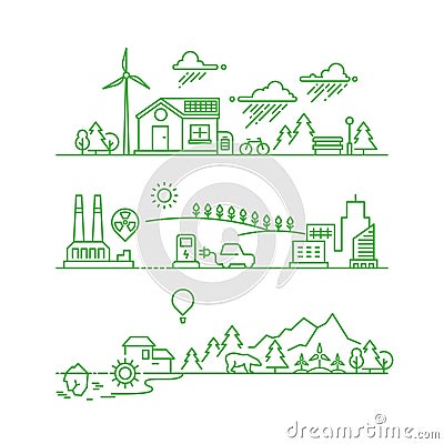 Outline eco city. Future ecological green environment and ecosystem vector concept Vector Illustration