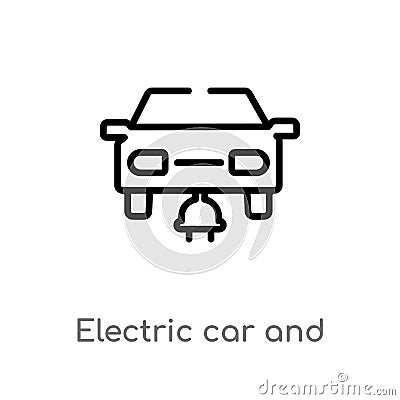 outline electric car and plug vector icon. isolated black simple line element illustration from mechanicons concept. editable Vector Illustration