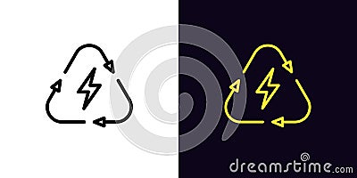 Outline electric recharge icon, with editable stroke. Lightning sign with recycle triangle, charge process pictogram. Battery Vector Illustration