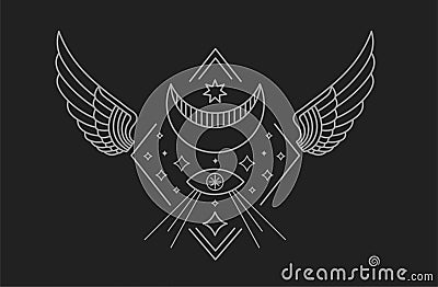Outline emblem and badge symbol with wings Vector Illustration