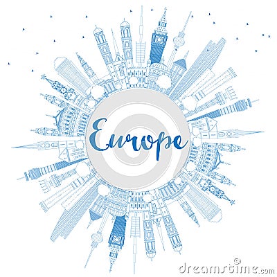 Outline Europe skyline silhouette with blue landmarks and copy s Cartoon Illustration
