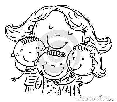 Outline family clipart - mother hugs children Vector Illustration