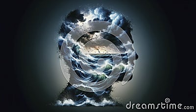 Outline filled with a stormy sea, depicting inner turmoil Stock Photo