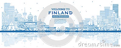 Outline Finland city skyline with blue buildings and reflections. Concept with historic and modern architecture. Finland cityscape Cartoon Illustration