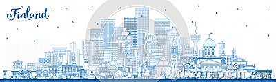 Outline Finland city skyline with blue buildings. Concept with historic and modern architecture. Finland cityscape with landmarks Cartoon Illustration