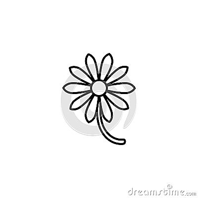 Outline flat icon of daisy flower with right side stem. Isolated on white. Vector illustration. Eco style. Cartoon Illustration