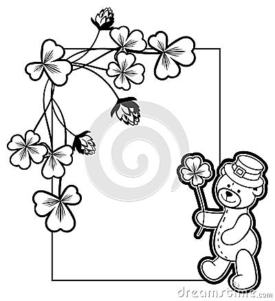 Outline frame with shamrock contour and teddy bear. Raster clip Stock Photo