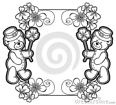 Outline frame with shamrock contour and teddy bear. Raster clip Stock Photo