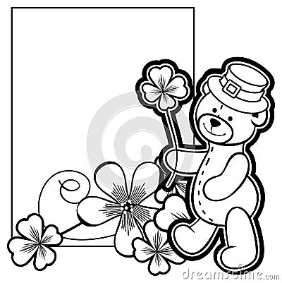 Outline frame with shamrock contour and teddy bear. Raster clip Stock Photo