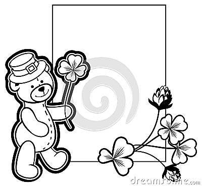 Outline frame with shamrock contour and teddy bear. Raster clip Stock Photo