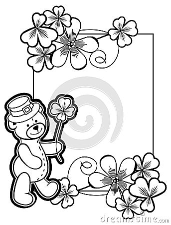 Outline frame with shamrock contour and teddy bear. Raster clip Stock Photo