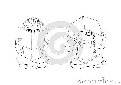 Outline funny kids reading books for coloring Vector Illustration