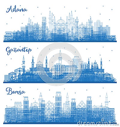 Outline Gaziantep, Bursa and Adana Turkey City Skyline Set with Blue Buildings Stock Photo