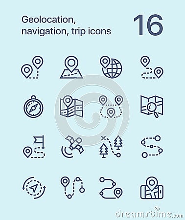Outline Geolocation, navigation, trip icons for web and mobile design pack 1 Vector Illustration