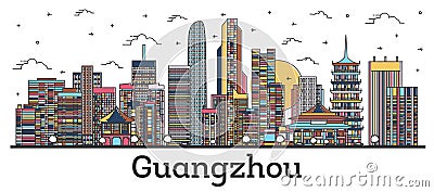 Outline Guangzhou China City Skyline with Color Buildings Isolated on White Stock Photo
