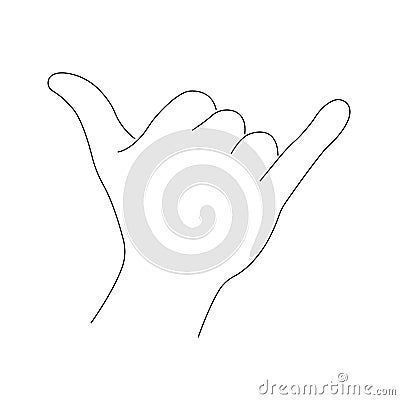 Outline hand gesture of Shaka. Sign call me. Silhouette black linear style on a white background Vector Illustration