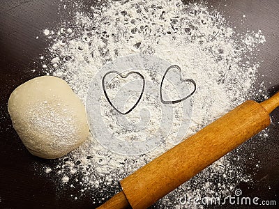 the outline of 2 hearts of flour. cooking for loved ones on Valentine's day mother's Day. background for Stock Photo