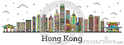 Outline Hong Kong China City Skyline with Color Buildings Isolated on White. Stock Photo