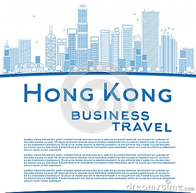 Outline Hong Kong skyline with blue buildings and copy space Cartoon Illustration