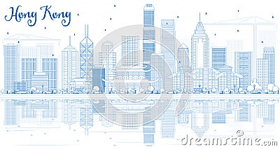 Outline Hong Kong Skyline with Blue Buildings and Reflections. Stock Photo