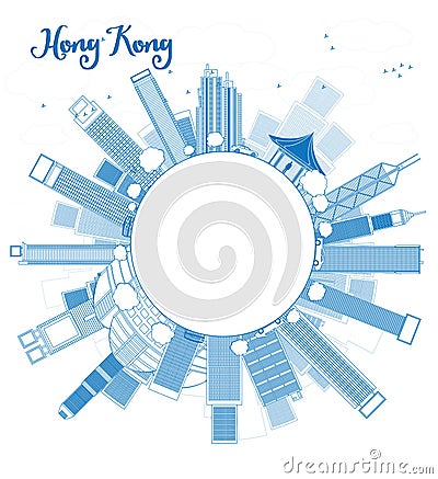 Outline Hong Kong skyline with taxi and copy space Cartoon Illustration