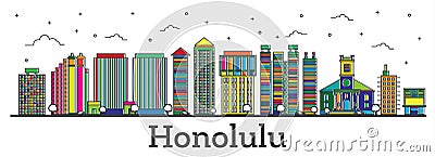 Outline Honolulu Hawaii City Skyline with Color Buildings Isolated on White. Stock Photo