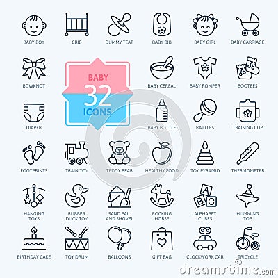 Outline icon set - Baby toys, feeding and care Vector Illustration