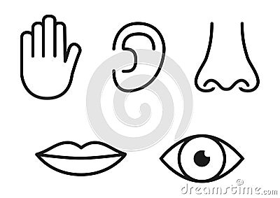 Outline icon set of five human senses: vision eye, smell nose, hearing ear, touch hand, taste mouth with tongue Vector Illustration