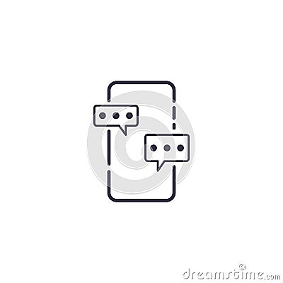 Outline icon of vector smartphone and chat bubble with three circles. Friendship cell phone dialog mobile screen concept line Vector Illustration