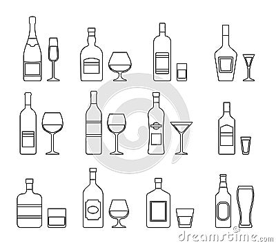 Outline icons of alcohol bottles beverages and glasses. Vector i Vector Illustration