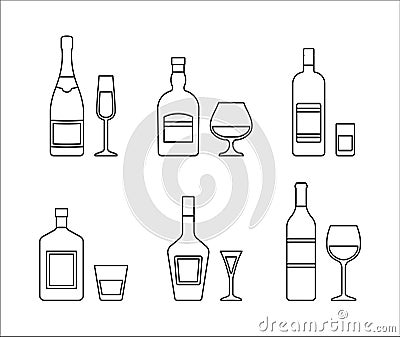 Outline icons of alcohol bottles beverages and glasses. Vector illustration Vector Illustration