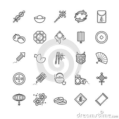 Outline icons - chinese new year, traditional symbols, decorations, gifts Vector Illustration
