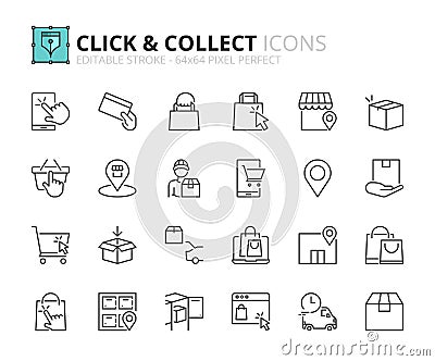 Simple set of outline icons about click and collect. Shopping online concepts Vector Illustration