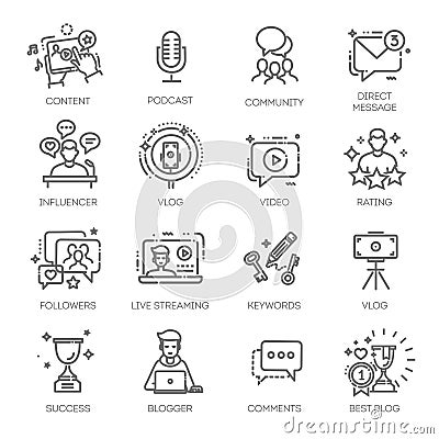 Blogger, blogging, blog - thin line web icon set Vector Illustration