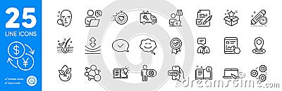 Outline icons set. Approved message, Manual and Gears icons. For website app. Vector Vector Illustration