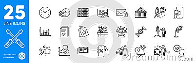 Outline icons set. Falling star, Handout and Dishwasher timer icons. For website app. Vector Vector Illustration