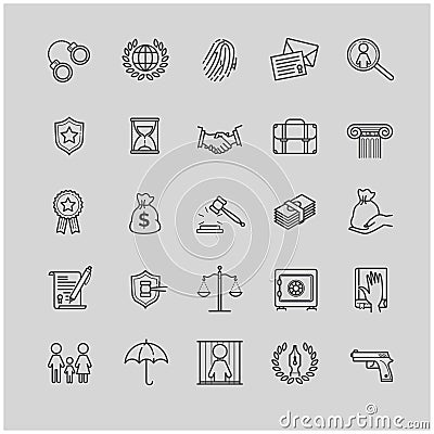 Outline icons set - law and lawyer services Vector Illustration