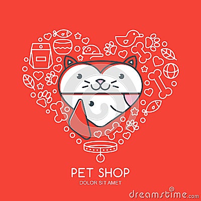 Outline illustration of cute cat and dog in heart shape. Vector Illustration