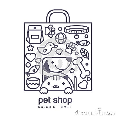 Outline illustration of cute cat and dog in shopping bag shape. Vector Illustration