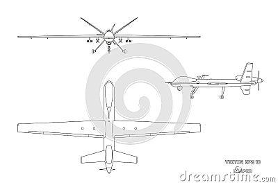 Outline image of military drone. Top, front and side view. Army aircraft for intelligence and attack Vector Illustration