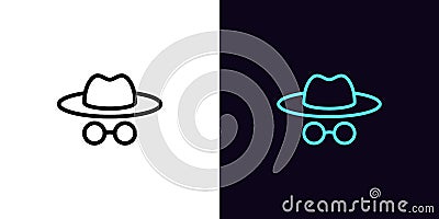 Outline incognito man icon, with editable stroke. Foreign agent and spy with hat and glasses, detective pictogram. Anonym face, Vector Illustration