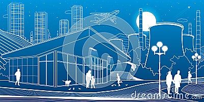 Outline industry and city illustration. Evening town urban scene. People walking at garden. Night shop. Power Plant in mountains. Vector Illustration