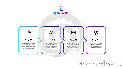 Outline infographic design template. Progress diagram with 4 linear rectangular elements placed in horizontal row Vector Illustration